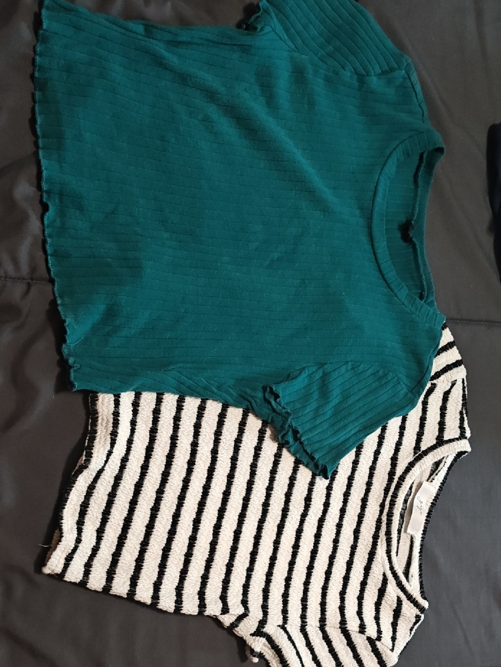 Striped Textured Short Sleeve Top - Black & Cream, Teal Ribbed Crop Top Bundle